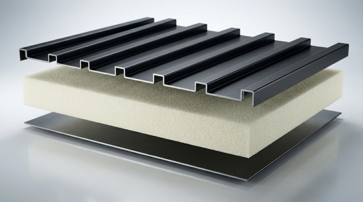Panel sandwich de aluminio Alpanel — sección transversal con núcleo PU y chapas H26